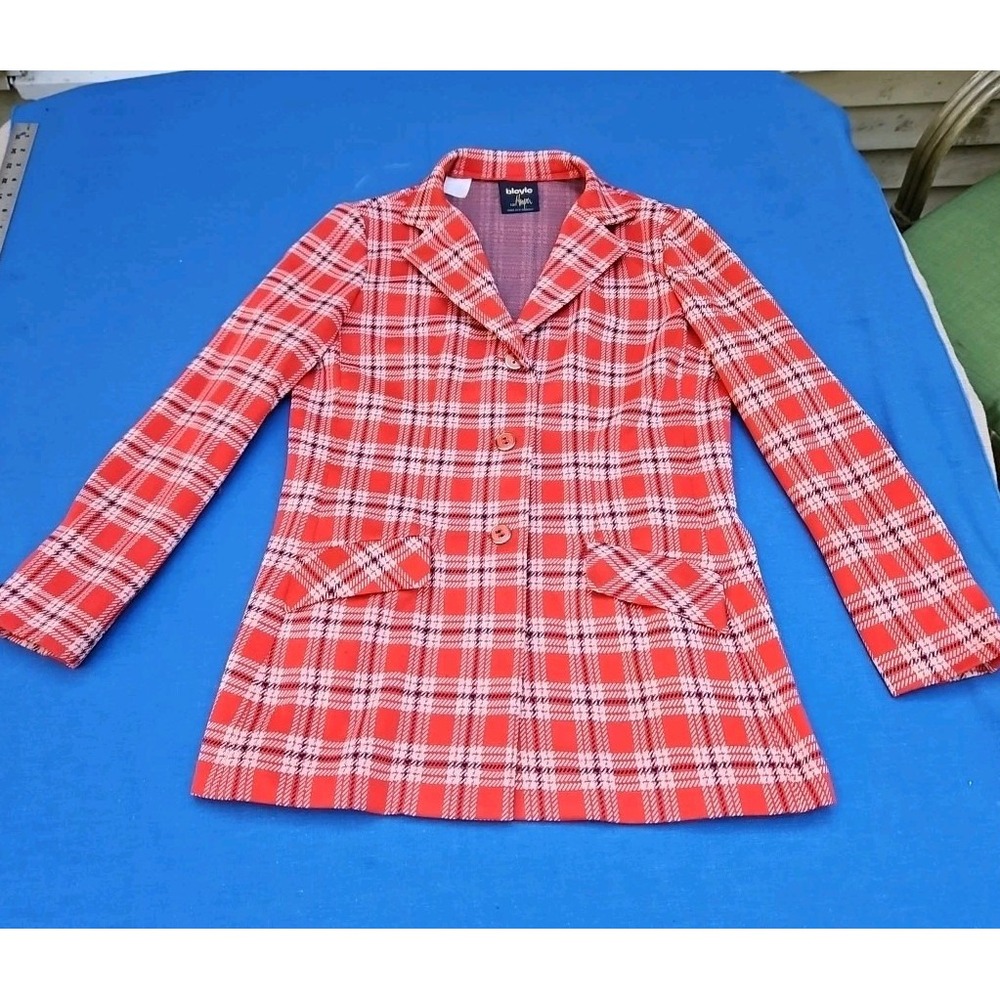 Vintage 70s‎ Polyester Shirt Jacket Red Plaid Wide Lapel Blevle Hooper Med Sz 12